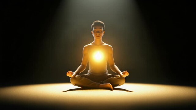 Person meditating in lotus pose with glowing energy center serene peaceful spiritual awakening