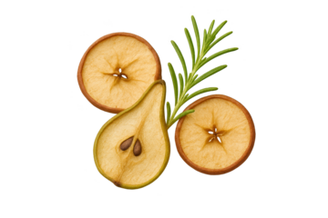 Dried apple rings with pear slice and rosemary sprig for garnish