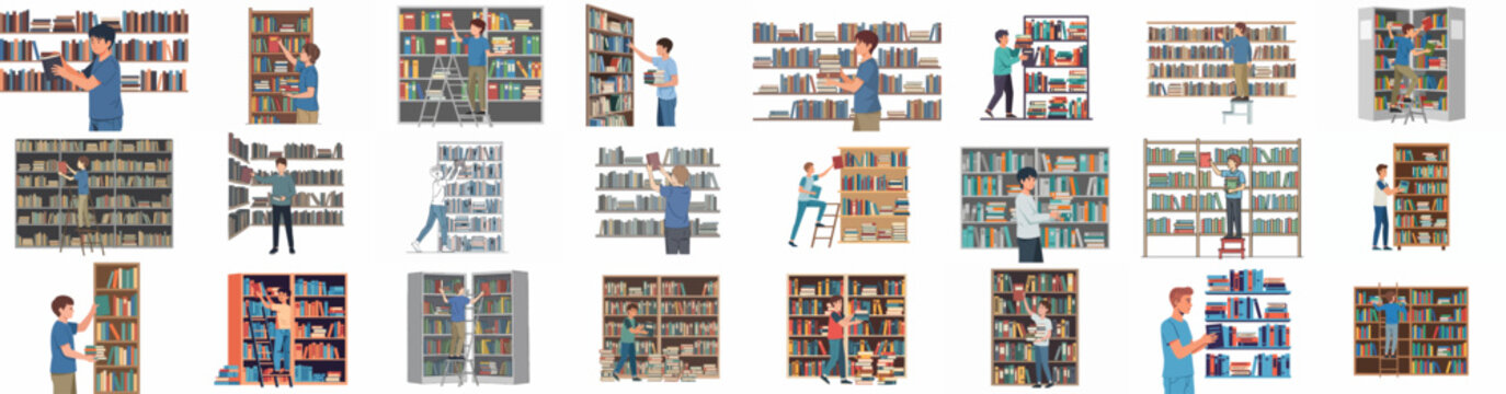 Vector illustrations of people selecting, stocking, and organizing books on tall library bookshelves, representing education, knowledge, and learning activities.