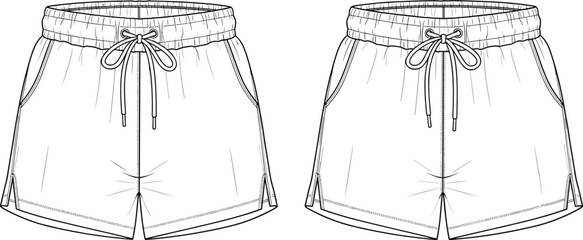Shorts technical sketch, elastic waistband, drawstring detail, fashion CAD, side pockets, curved hem, cad drawing flat vector illustration