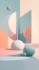 Geometric composition with pastel hues, featuring rounded shapes and planar elements casting soft shadows against a colorful backdrop