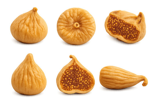 Six dried figs arranged in two rows on transparent background