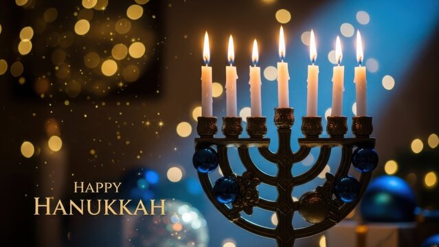 Happy hanukkah menorah with lit candles and bokeh lights background tshirt design - Powered by Adobe