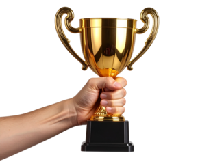  - Hand holding golden sports trophy upright, isolated on transparent PNG 