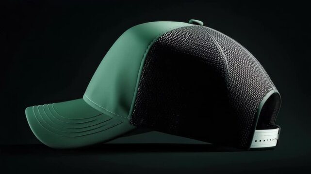 Green cap with a black mesh back placed on a dark surface for display in a simple setting during a dim lighting scenario