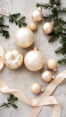 Elegant Christmas ornaments and greenery with soft ribbon on gray  