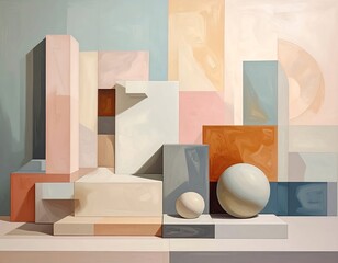 Geometric still-life composition with pastel-colored blocks and spheres, set against a soft, blended backdrop