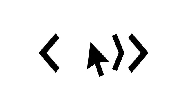 Black and white illustration of a computer mouse pointer between angle brackets on a white background.