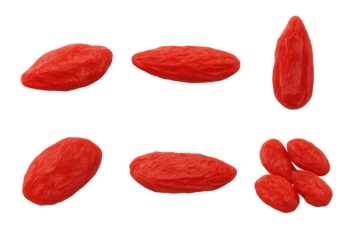 Bright red dried goji berries scattered on transparent background, small and oval
