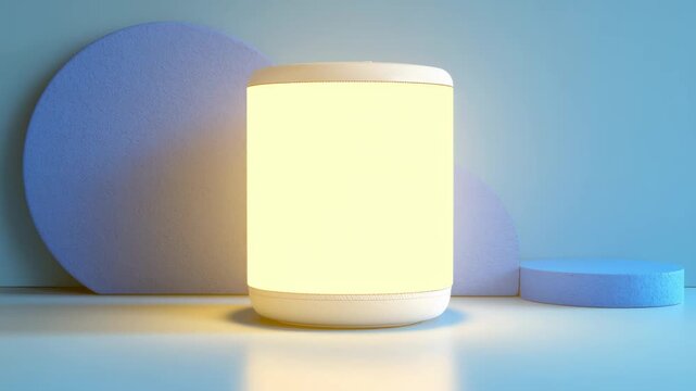 Speaker on a blue background with geometric shapes placed around it showcasing a modern design in an indoor setting