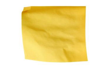 Blank yellow sticky note with a curled corner for reminders and messages isolated on transparent background