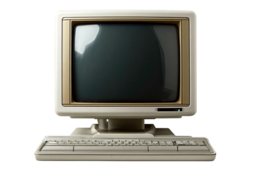 Vintage personal computer monitor and keyboard from the 1980s era isolated on transparent background