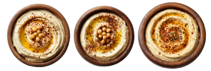 Set of Creamy hummus served in wooden bowl, topped with cucumber, herbs, sesame seeds, and olive oil, isolated on white background