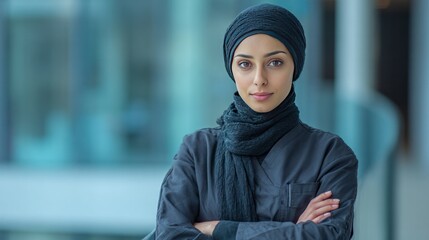 Poised in Confidence: An elegant figure, draped in a modest head covering, exudes composure and authority with a calm, penetrating gaze. 