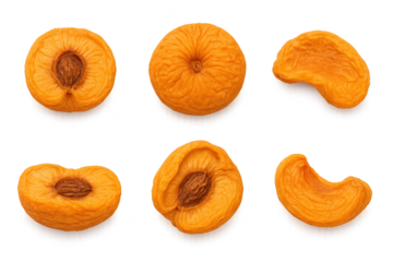 Six dried apricot halves and pieces arranged on transparent background