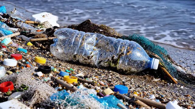 Polluted beach scene with plastic bottle and trash scattered on sandy shoreline by ocean waves.