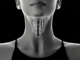 X ray style overlay of throat showing cervical spine, neck anatomy, and larynx in black background