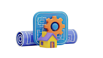 3D Blueprint, Gear, and House Icon: Construction Concept