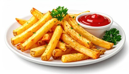 Golden fried potato sticks on a white plate with ketchup and parsley