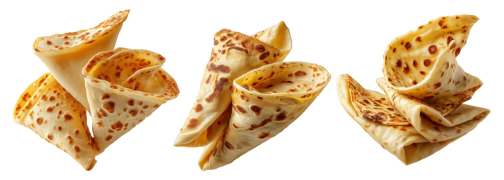 Set of Yemeni malawah flaky buttery bread baked round flatbreads with toasted spots stacked in pile, isolated on white background