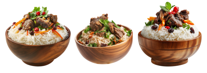 Set of Mandi Yemeni basmati rice with beef, lamb, herbs, and vegetables in wooden bowl, isolated on white transparent background