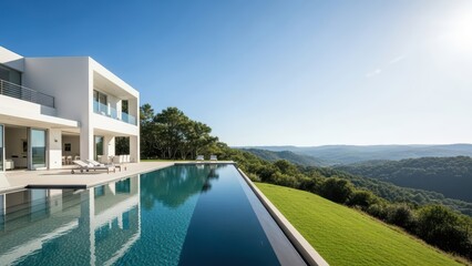 Modern luxury villa with infinity pool and scenic mountain views in serene landscape