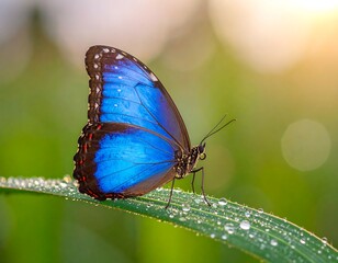 Close-up of a vibrant blue winged insect on a dew-covered leaf
