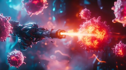 A futuristic battle against microscopic foes. This scene captures the clash of technology and biology. Explore the vibrant colors and dynamic motion. Generative AI