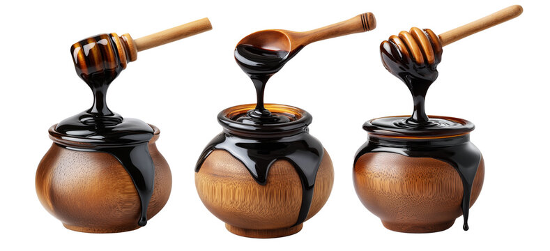 Set of Egyp Molasses black syrup jar splashing from a polished jar, isolated on white background, concept of Arabic Cuisine