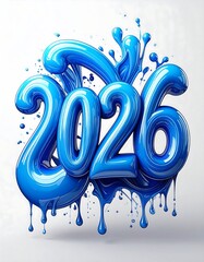 Glossy blue numbers spelling 2026 with a liquid-like effect, accompanied by drips and splashes against a plain white backdrop