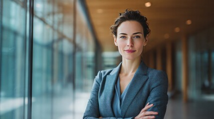 Confident Woman in Modern Architecture: A poised businesswoman stands confidently with arms crossed in a sleek, modern architectural space, exuding a sense of leadership and professional presence.