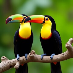 Fototapeta premium Colourful toucan with yellow beak perched on a tree branch in tropical jungle