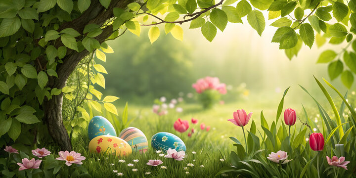 Colorful easter eggs nestled in a vibrant spring garden with blooming flowers - Powered by Adobe