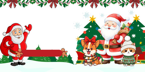 PNG image of Cheerful santa claus waving alongside cute corgi dog and kitten in festive christmas scene with trees and snow for holiday banner on transparent background with copy space