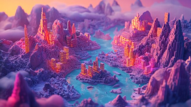 A vibrant fantasy landscape emerges in this stunning AI-generated scene. The colorful mountains and rivers create a dreamlike world filled with wonder. Generative AI