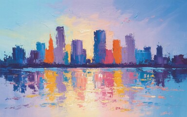 This artwork features a colorful, abstract interpretation of a city skyline reflected in a body of water. 
