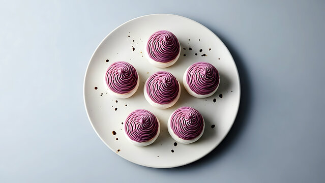 Minimalist, Tokyo French style of perfectly piped pices mont-blanc with purple ube-chestnut cream over meringue, in a loose circle on a large matte white Karatsu plate 