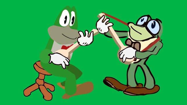 Funny frog character kicking another in playful fight on green screen chromakey background. Great for 2d animated cartoon animation comedy, rivalry, or humorous action sequences.