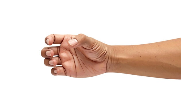 A person's right hand and forearm with fingers curled in a holding or gripping gesture. The palm is open and facing upwards.