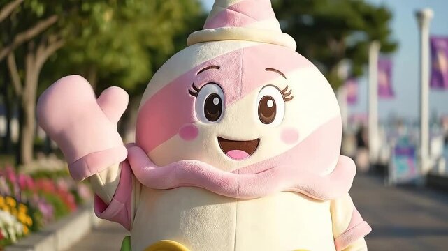 A happy mascot costume waves to visitors in a public park for promotional event marketing.