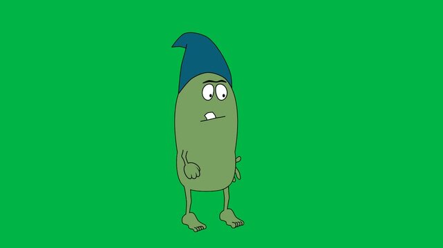 Funny pickle character with blue hat looking surprised or worried on green screen chromakey background. Fun for 2d animated cartoon animation food, humor, or quirky expressions.