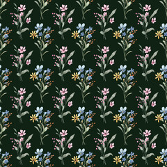 Obraz premium Seamless pattern with wildflowers, repeating paper, dark green background.. Floral backdrop for textile, fabric, wallpaper. Hand drawn flowers.