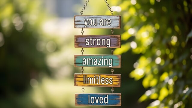 for sale sign on the wall, Colorful wooden signs outdoor hanging show positive affirmations. You are strong amazing limitless loved messages inspire wellbeing self belief and confidence. Greenery back