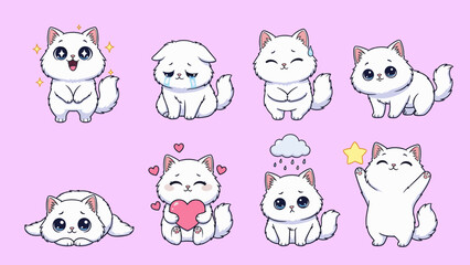 Obraz premium Vector Illustration of white cute Kitten, with Various Emotions.