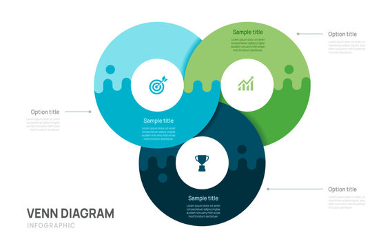 Venn diagram business infographic circle management chart template 3 ring options, presentation vector illustration.