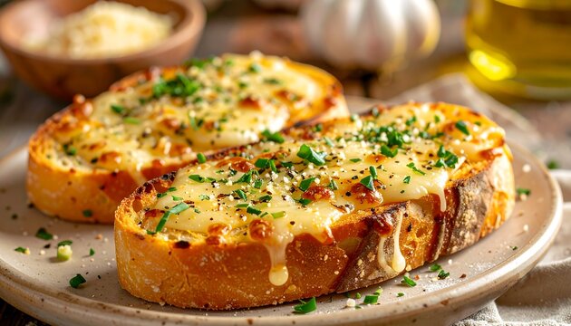 Close-up of cheesy garlic bread on a plate, with a bowl of cheese