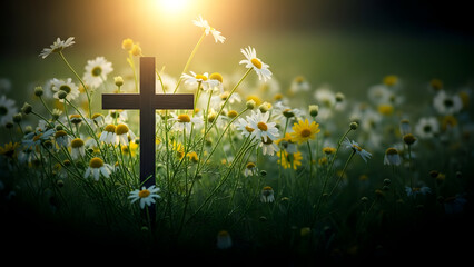 Serene landscape of a cross in a field of wildflowers with sunbeam