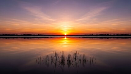 Obraz premium Sunset Over Calm Lake with Reeds Silhouetted in Foreground