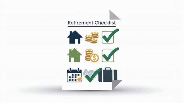 Retirement planning checklist document with financial and lifestyle icons for future security