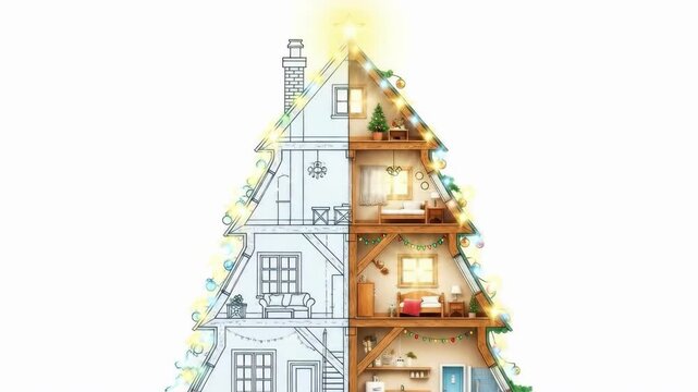 Cross section of a home shaped like a Christmas tree split into colored and line drawing. Holiday season concept with architectural design.